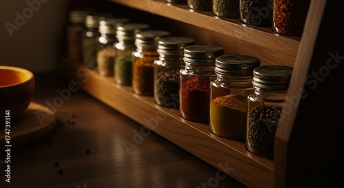Spices in bottles arranged neatly on wooden shelves.