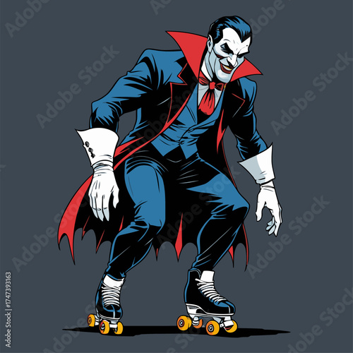 illustration of Dracula rollerblading