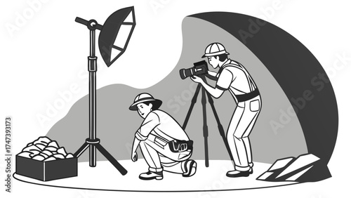 Studio Photography Session Photographer and Model with Lighting Equipment and Props.