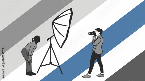 Studio Photography Session Photographer with Camera and Model Posing with Softbox Lighting Illustration Graphic Design.