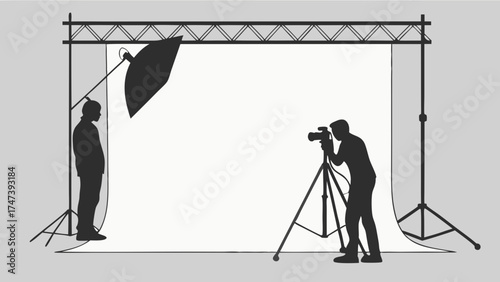 Studio Photography Session Photographer Silhouette with Model and Lighting Equipment Clean Background for Mockups.