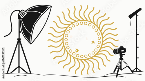 Studio Photography Setup Lighting Equipment Camera Abstract Sun Design Graphic Illustration.