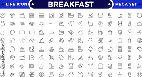 Breakfast Outline icon set. Contains such icons as burger, coffee, donut, bubble tea, pizza, French fries, tea, desserts, beer, hot dog, sushi and rolls, cocktail, energy, chicken.