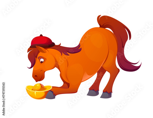 Cartoon horse character, Chinese lunar new year animal wearing a red traditional hat, curiously gazing into a golden sycee ingot with a playful expression. Isolated vector adorable zodiac symbol