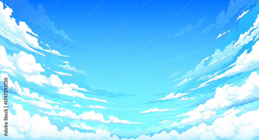 Obraz premium Cartoon anime manga blue sky vector background with soft fluffy clouds stretching to horizon. Anime, manga comic book or game nature landscape with summer sunny day sky with bright white clouds