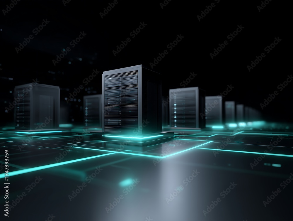Fototapeta premium Futuristic technology background showing AI server synchronization and data processing
