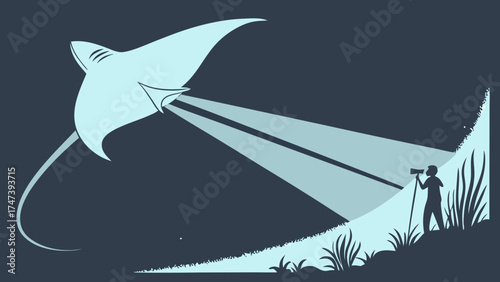 Stylized Illustration of a Giant Ray Viewed Through Binoculars.