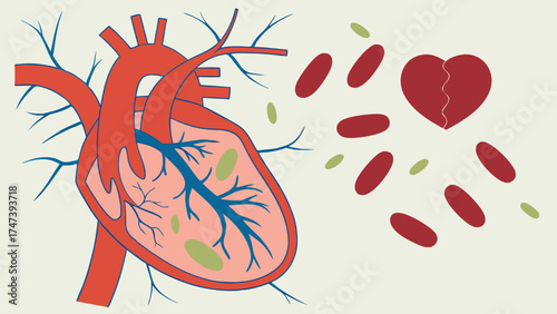 Stylized illustration of a human heart with broken heart symbol and scattered shapes medical health heartbreak concept illustration.
