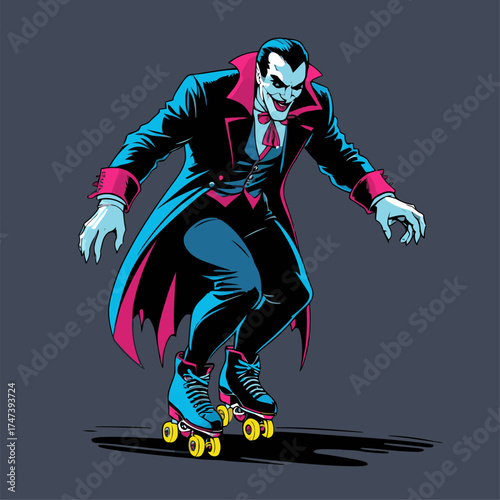 illustration of Dracula rollerblading