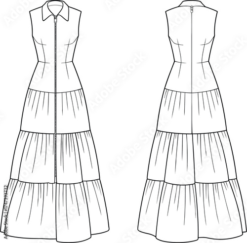 Technical fashion flat of sleeveless tiered maxi dress, collared button‑down design, front and back view garment illustration for pattern making