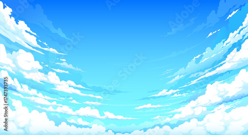 Cartoon anime manga blue sky vector background with soft fluffy clouds stretching to horizon. Anime, manga comic book or game nature landscape with summer sunny day sky with bright white clouds