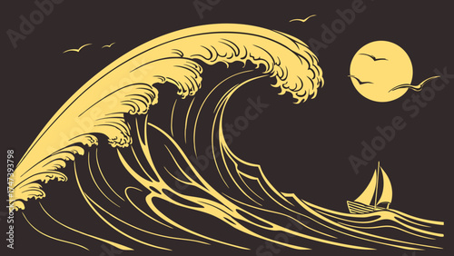 Stylized illustration of a sailboat navigating a large wave at night with birds and moon in the background.