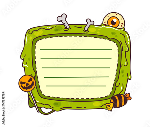 Halloween holiday monster smile kids memo note frame. Halloween creepy list sticker, autumn scrapbook vector label. Kids scary schedule memo note with monster slime, eye and bones, spooky candies