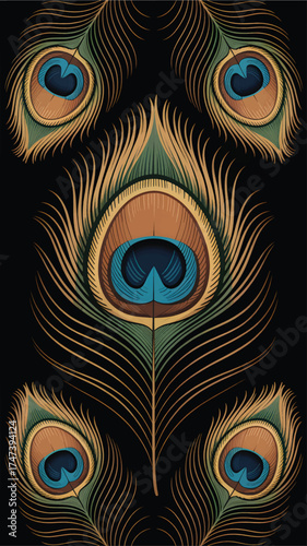 Ornate Peacock Feather Pattern on Black Background