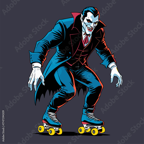 illustration of Dracula rollerblading