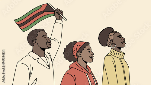 Three African-American People Holding a Flag Profile View Illustration Vector Graphic.