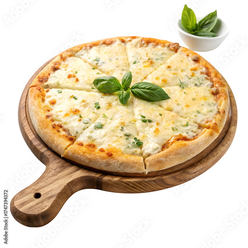 Delicious four cheese pizza with fresh basil leaf topping isolated on transparent background