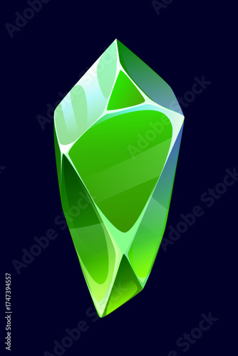 Cartoon Halloween shiny green crystal gemstone or magic gem, vector icon. Crystal stone with sharp clean facets reflecting light in shades of emerald for Halloween horror night holiday or witch magic
