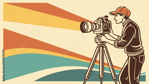 Vintage Photographer with Camera on Tripod Retro Style Illustration.