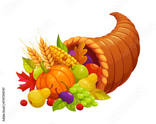 Cartoon cornucopia basket or Thanksgiving plenty horn. Autumn season harvest basket with apple, cranberry, pear, plum, berry, pumpkin, grapes, corn. Fall leaves and wheat spikelets