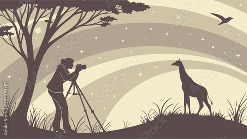 Wildlife Photography Silhouette Nature Scene Giraffe Photographer Camera Tripod Sunset Stars Night Sky African Savanna Artistic Illustration.
