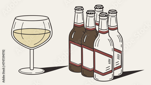 Wine glass and beer bottles beverage illustration alcohol drink pub menu design restaurant clipart.