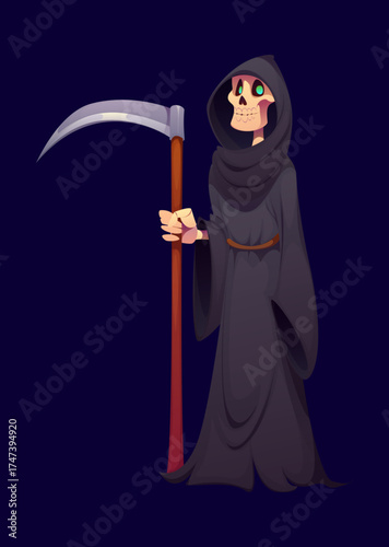 Cartoon Halloween death skeleton character in long cloak with hood and scythe. Grim reaper with skull face and dark body. Funny dark demon Halloween character for game, party or invitation