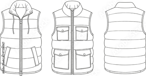 Padded vest technical sketch, fashion flat drawing, quilted sleeveless jacket design, front and back view, garment construction illustration, apparel template