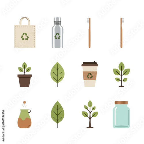 Ecofriendly items promoting sustainability arranged neatly on a white surface, showcasing a conscious lifestyle and environmental awareness.