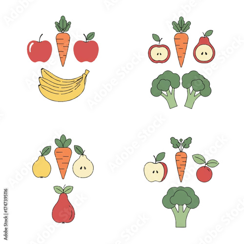 Colorful fruits and vegetables arranged in neat groups on white surface, showcasing healthy eating and fresh produce in a simple, clean style.