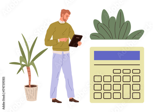 Person interacting with a digital tablet, large calculator symbolizing finances, and potted plants. Ideal for finance, calculation, planning, analysis, budgeting technology sustainability. Simple