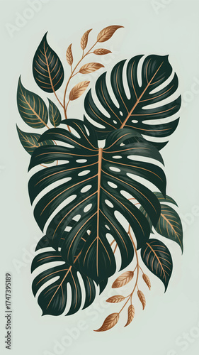 Dark green monstera leaves with gold accents and bronze foliage