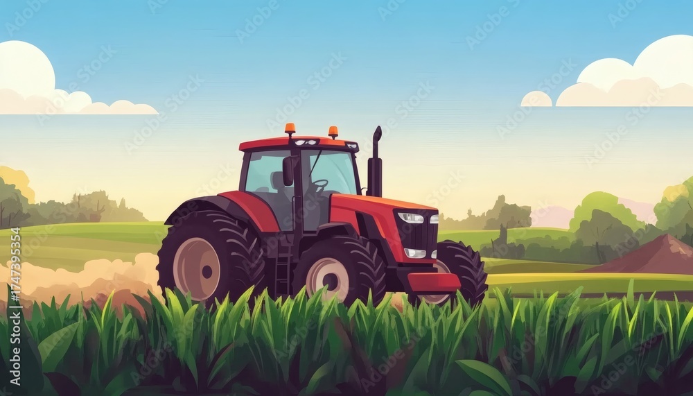 Fototapeta premium A red tractor with large tires drives across a grassy field under a partly cloudy sky; the tractor kicks up dust as it moves.