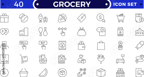 Grocery shopping outline icon set. Includes basket, cart, food, fish, meat, fruit, vegetable, cheese, and drink symbols. Modern retail, store, and supermarket outline icons for business design.