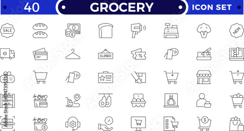 Grocery shopping outline icon set. Includes basket, cart, food, fish, meat, fruit, vegetable, cheese, and drink symbols. Modern retail, store, and supermarket outline icons for business design.