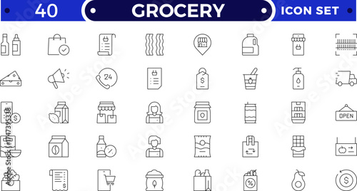 Grocery shopping outline icon set. Includes basket, cart, food, fish, meat, fruit, vegetable, cheese, and drink symbols. Modern retail, store, and supermarket outline icons for business design.