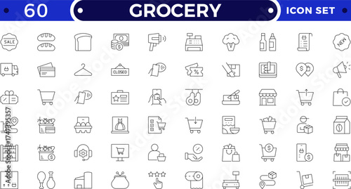 Grocery shopping outline icon set. Includes basket, cart, food, fish, meat, fruit, vegetable, cheese, and drink symbols. Modern retail, store, and supermarket outline icons for business design.