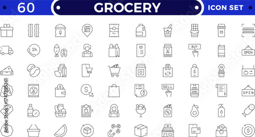 Grocery shopping outline icon set. Includes basket, cart, food, fish, meat, fruit, vegetable, cheese, and drink symbols. Modern retail, store, and supermarket outline icons for business design.