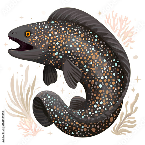 Broadband moray eel vector illustration with coral background