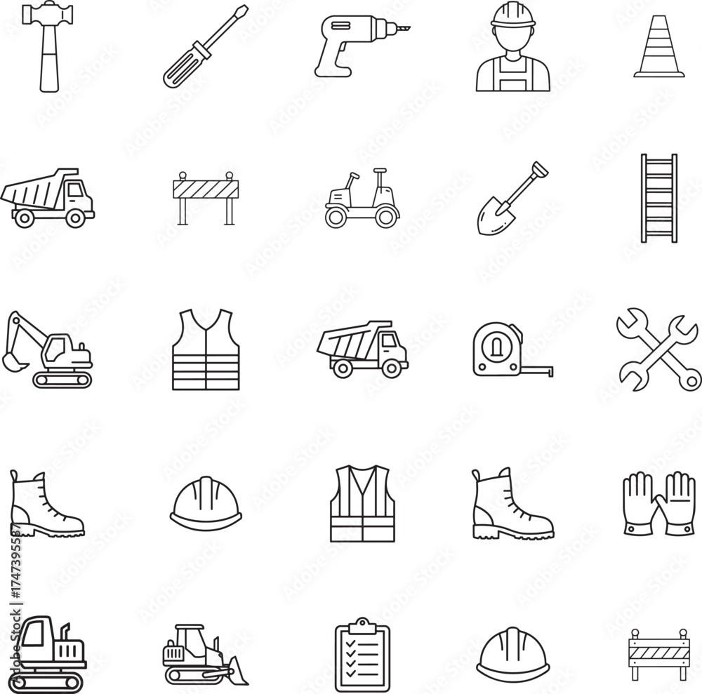 Fototapeta premium Construction Worker Tools and Safety Gear Icons