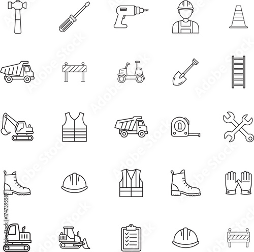 Construction Worker Tools and Safety Gear Icons