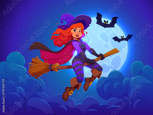 Cute Halloween witch on broom at midnight moon sky background. Holiday cartoon witch character flying on broomstick in sky of full moon glow and dark bats. Enchantress wears magician hat and stockings