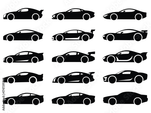 Racing Car Vector Collection – Black Silhouette Sport Cars and Dynamic Automotive Icons