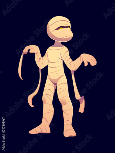 Cartoon scary Halloween mummy character fully covered in overlapping bandages, standing upright with visible folds and hanging wraps. Halloween holiday mummy zombie monster vector character in wraps