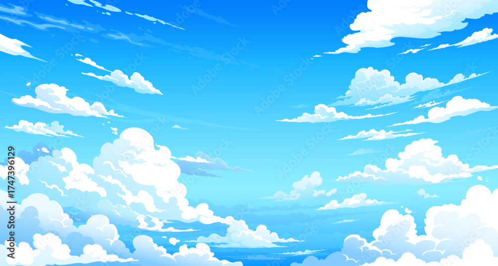 Obraz premium Summer anime manga sky vector background with fluffy white clouds scattered in layers. Cartoon anime manga comic or game nature landscape of bright sunny day blue sky with shiny white cumulus clouds