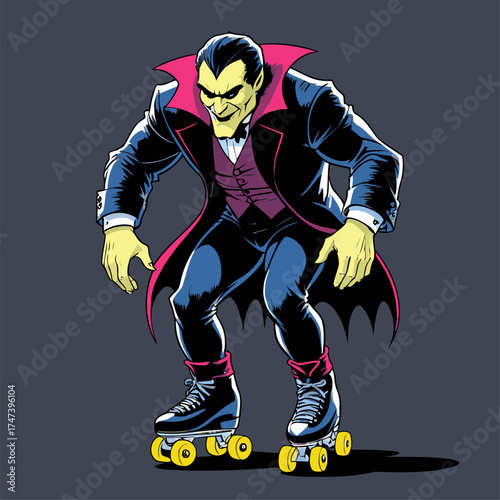 illustration of Dracula rollerblading