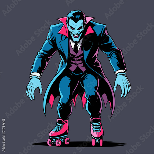 illustration of Dracula rollerblading