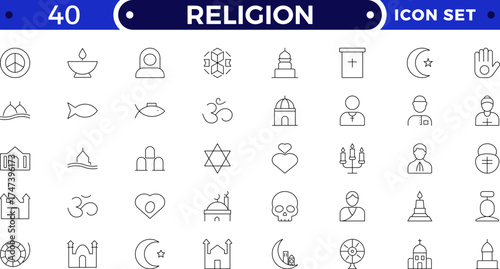 Religion outline icon collection. Includes church, bible, cross, prayer, dove, angel, faith, and worship symbols. Modern spiritual and religious outline icons for culture, heritage, and devotion theme