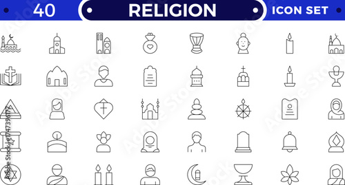 Religion outline icon collection. Includes church, bible, cross, prayer, dove, angel, faith, and worship symbols. Modern spiritual and religious outline icons for culture, heritage, and devotion theme