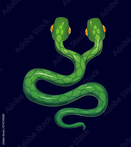 Cartoon Halloween doubleheaded serpent snake with smooth green scales, yellow eyes and forked tongues. Vector reptile with two heads, magic occult kingsnake character, esoteric serpent personage